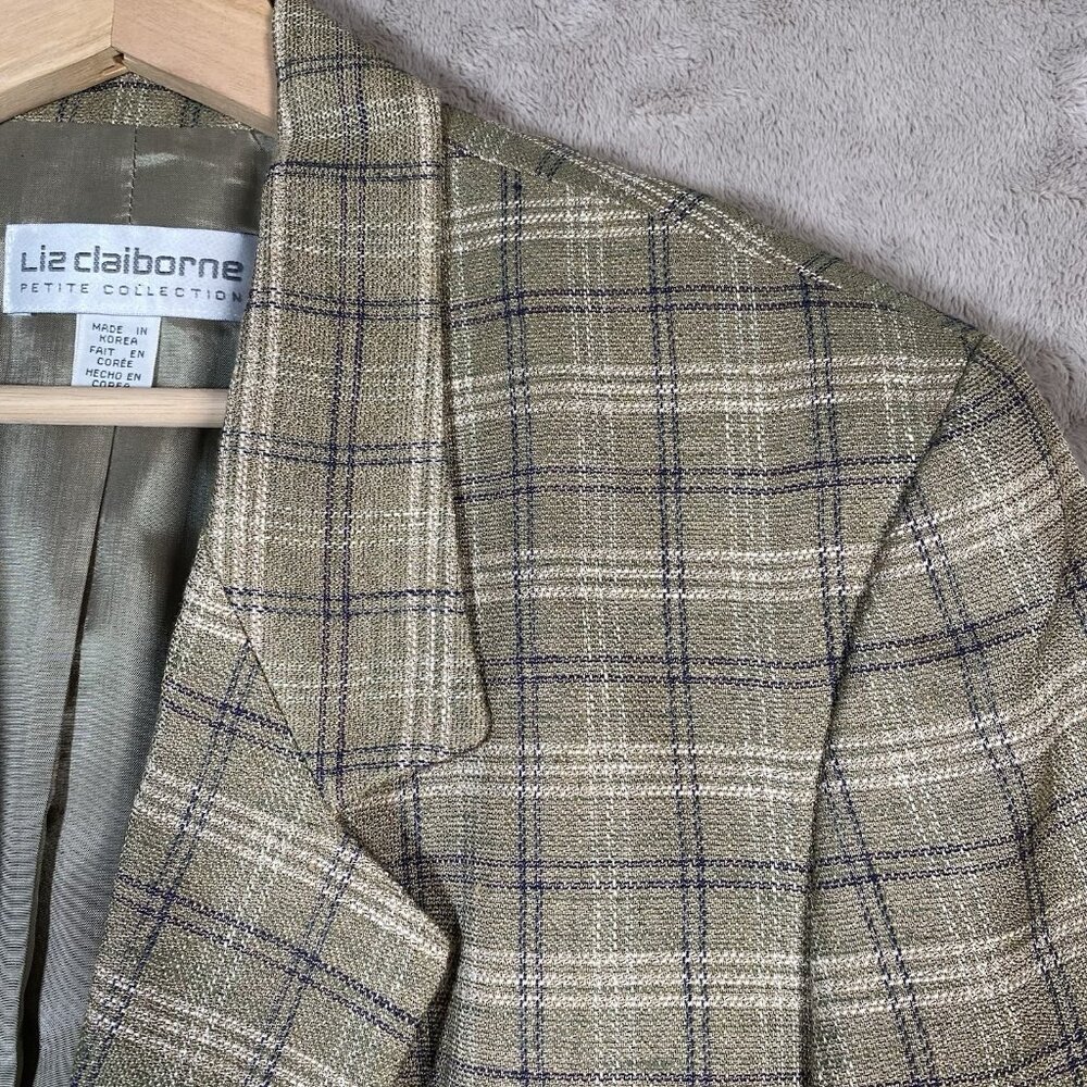 Vintage Liz Claiborne Blazer Women 12 Petite Linen Blend Plaid Academia Heritage - Picture 3 of 15